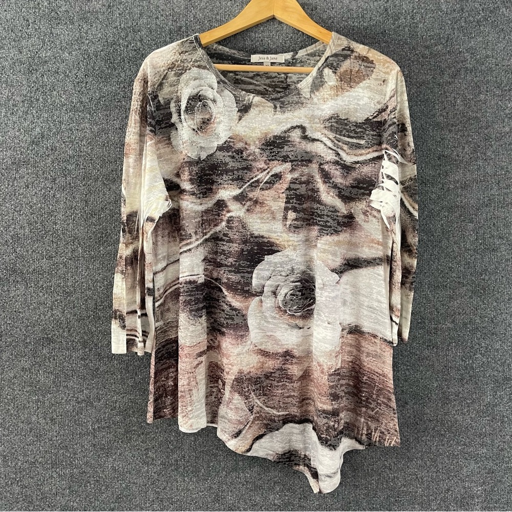 Jess & Jane Womens Floral Sequined Top Size XL 3/4 Sleeve Pullover Artsy